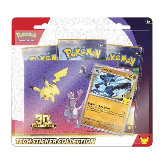 Pokémon TCG 30th Celebration Tech Sticker Collection blister pack: three booster packs, a sticker sheet with Pikachu, Mewtwo, and Lucario, and a foil Lucario promo card with the Aura Sphere attack