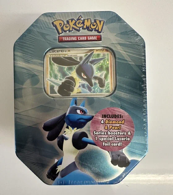 Sealed Pokémon TCG Lucario tin with the Lucario LV.X card in the window and a sticker reading: includes 4 Diamond & Pearl Series boosters and 1 special Lucario foil card